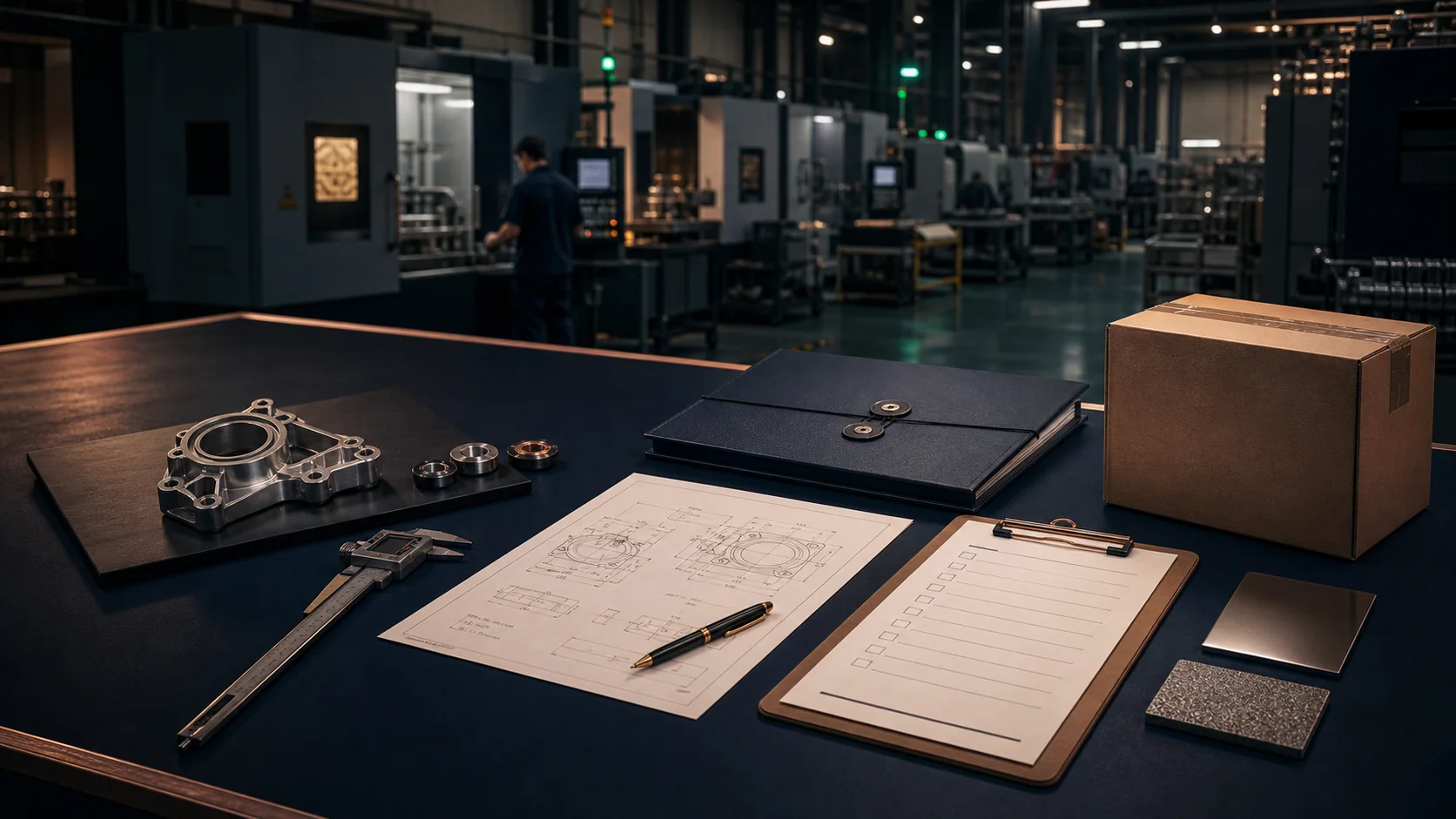 Supplier evaluation desk with a product sample, drawing, caliper and factory evidence