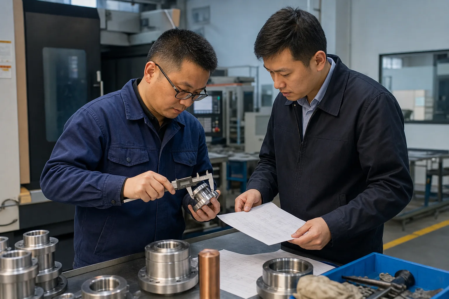 Quality inspector and sourcing consultant checking a machined component against a drawing in a Chinese factory