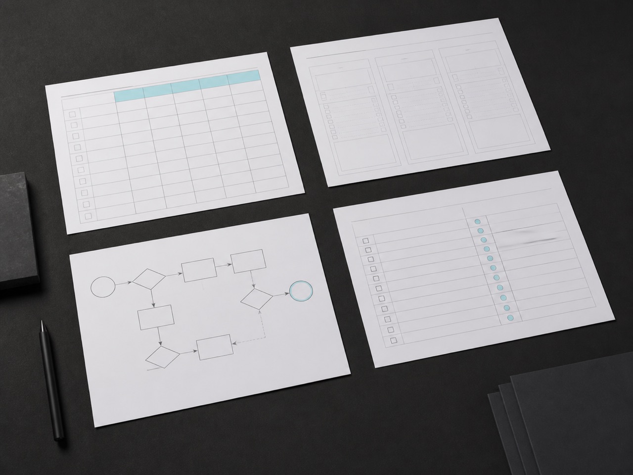 Four unbranded workflow sheets, checklists and decision diagrams